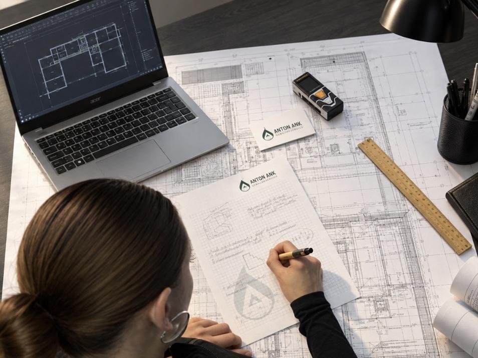 Objektplanung mit Bauplan und Notizen