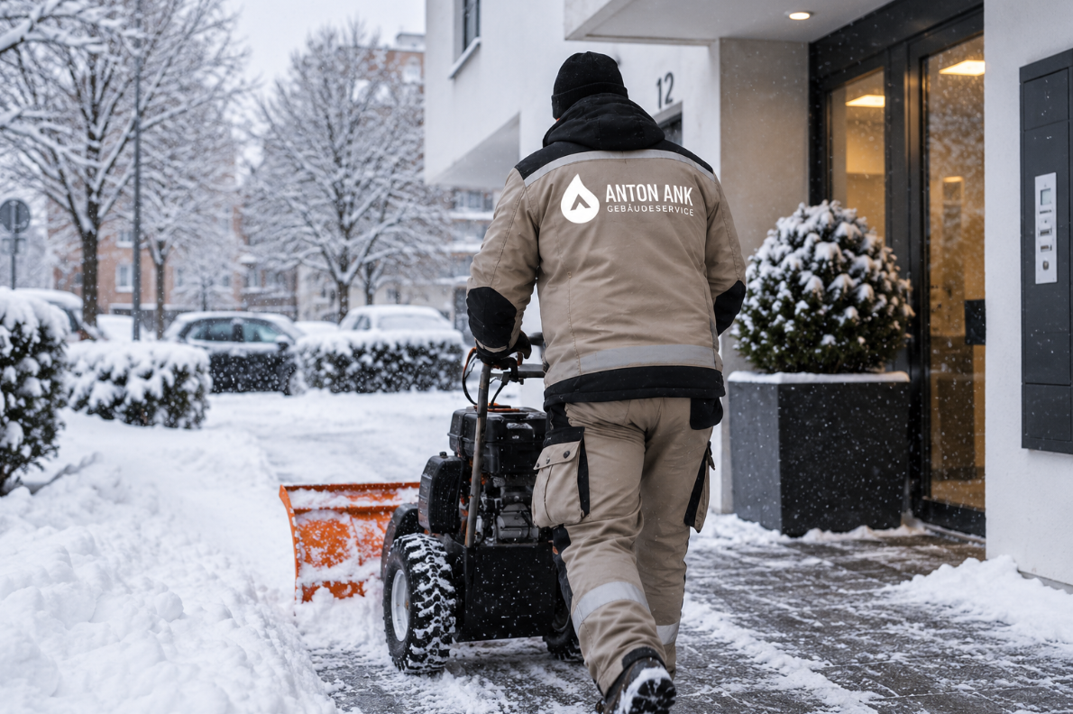 Mitarbeiter von Anton Ank beim Räumen eines verschneiten Gehwegs